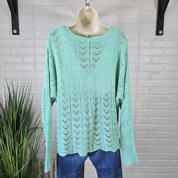 Daytrip Mint Lace V-Neck Crochet Sweater Oversized Medium - Picture 4 of 11